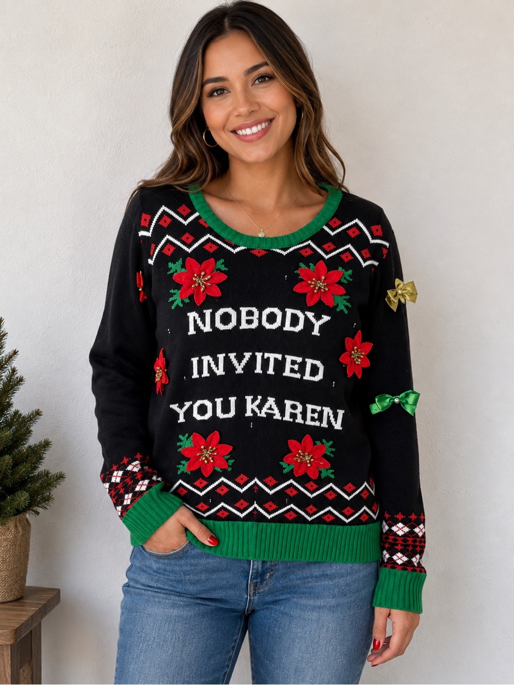 Spencer's Black Christmas Sweater with Red Poinsettias